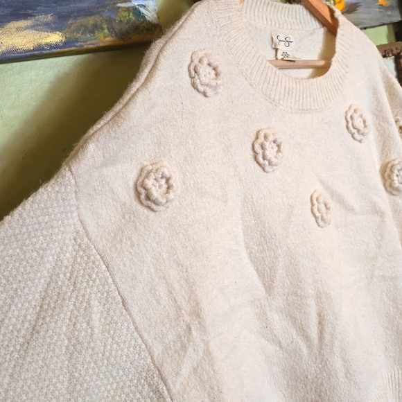 NWT Creme Balloon Sleeve Popcorn Knit Sweater ROSETTES Jessica Simpson XL - Picture 5 of 5